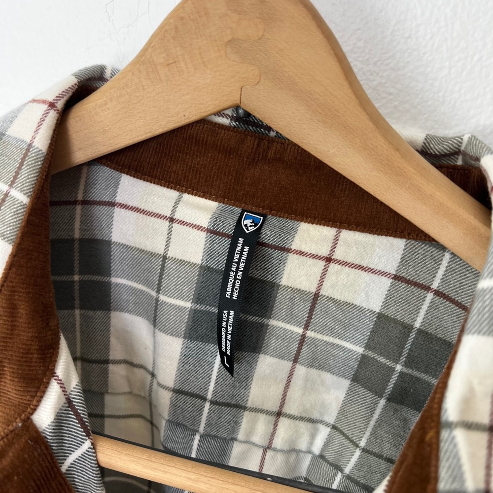 Kuhl Womens Green Plaid Flannel Snap Front Shirt Corduroy Trim Size L - Picture 4 of 6